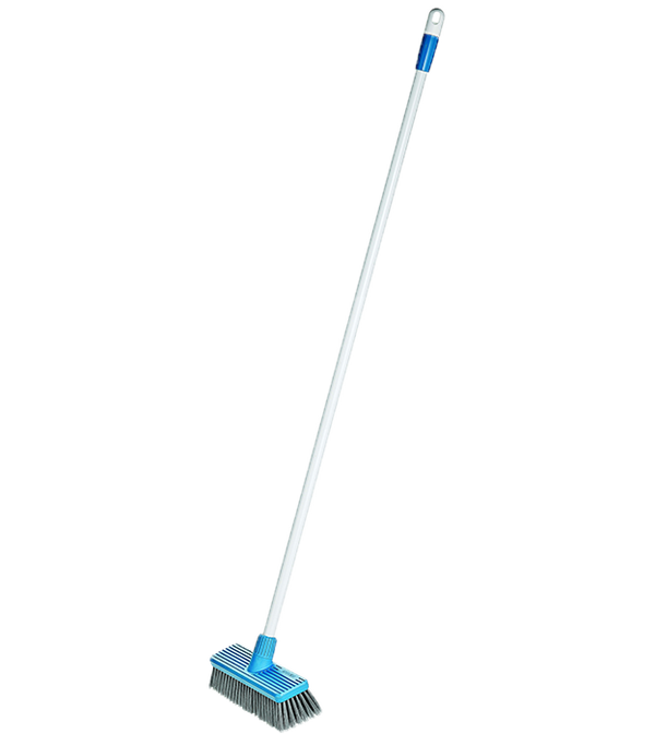 Deck scrub brush with long white handle, blue head and soft black bristles