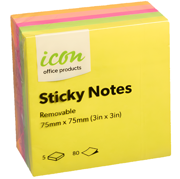 Icon Sticky Notes 75mm x 75mm Neon 5 Pack