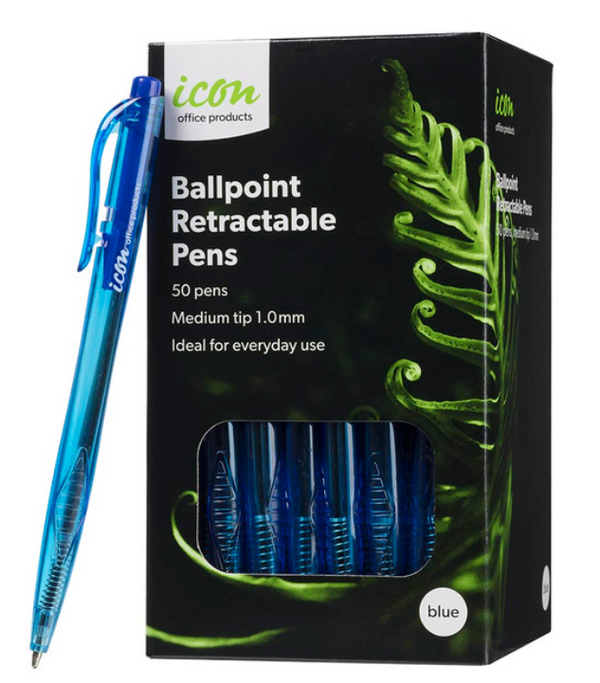 Icon Ballpoint Retractable Pens Blue, Pack of 50