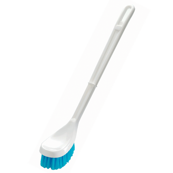 Toilet brush with white handle and blue bristles