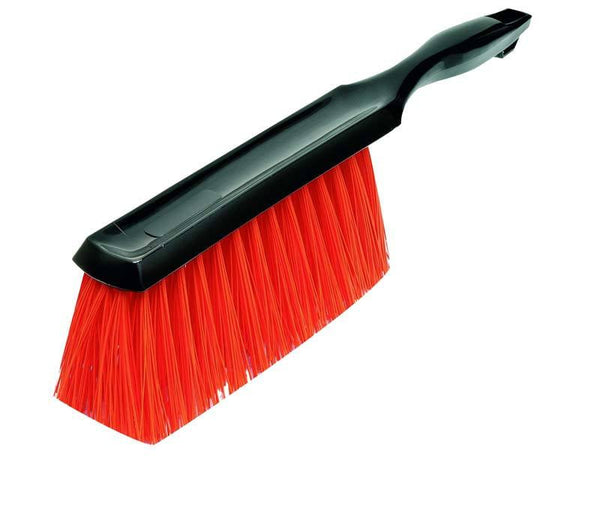 Large bannister brush with black handle and red bristles
