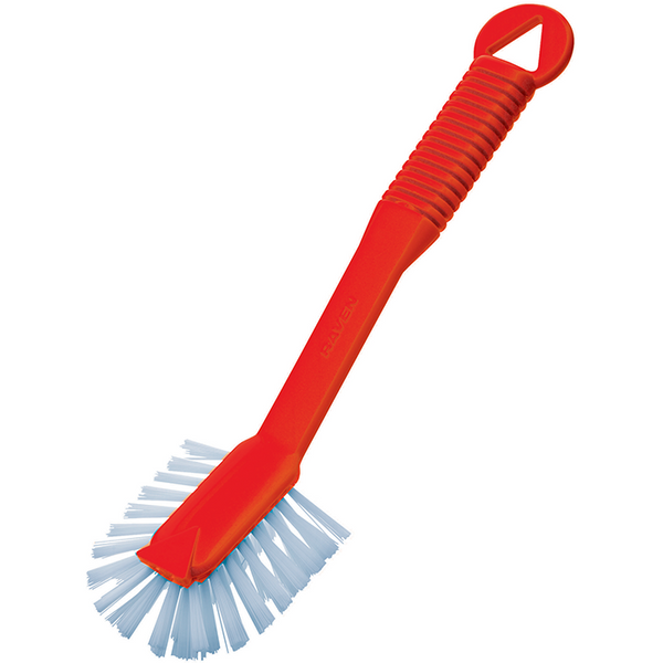 Red dishwash brush with white bristles
