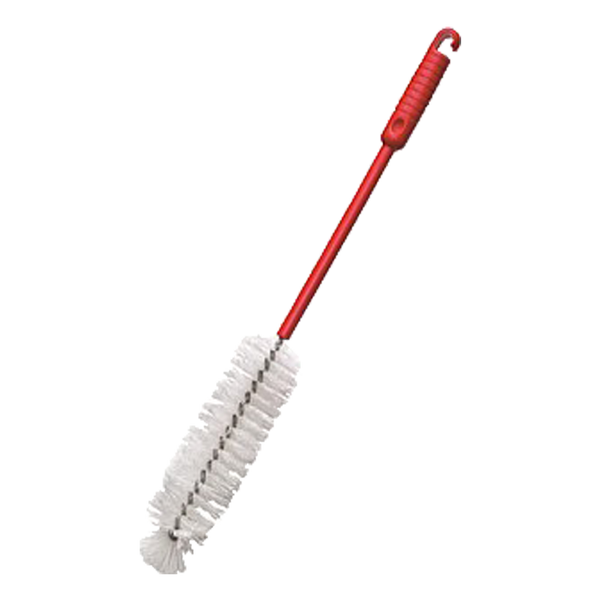 Bottle brush with red handle and white bristles