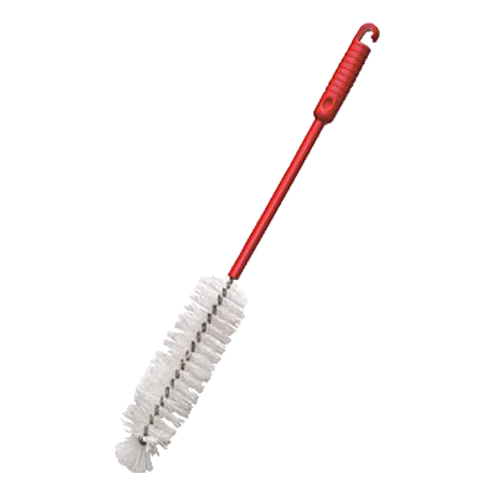 Bottle brush with red handle and white bristles