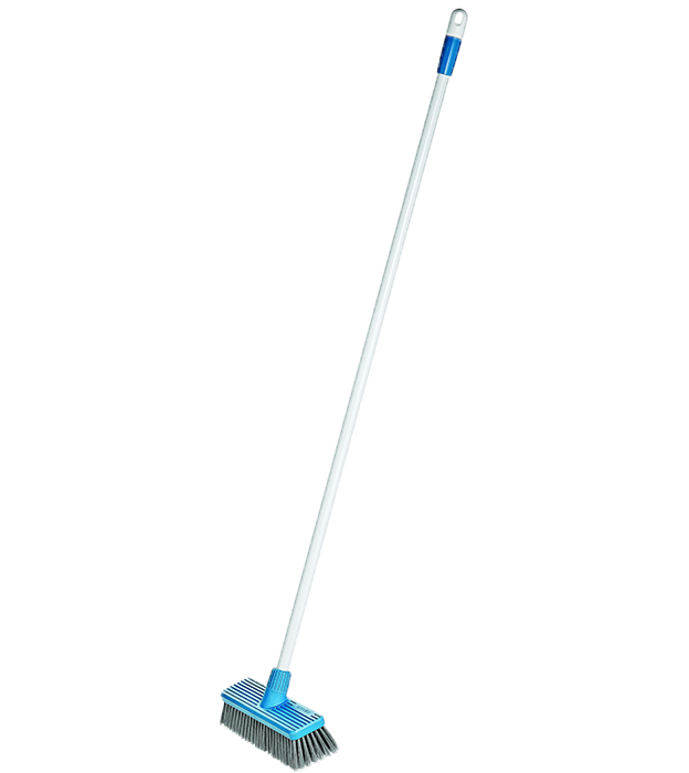 Deck scrub brush with long white handle, blue head and soft black bristles