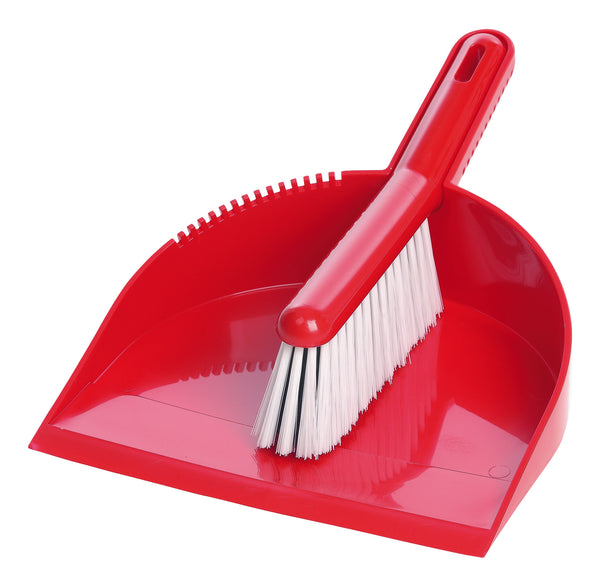 Red brush and pan set with white bristles
