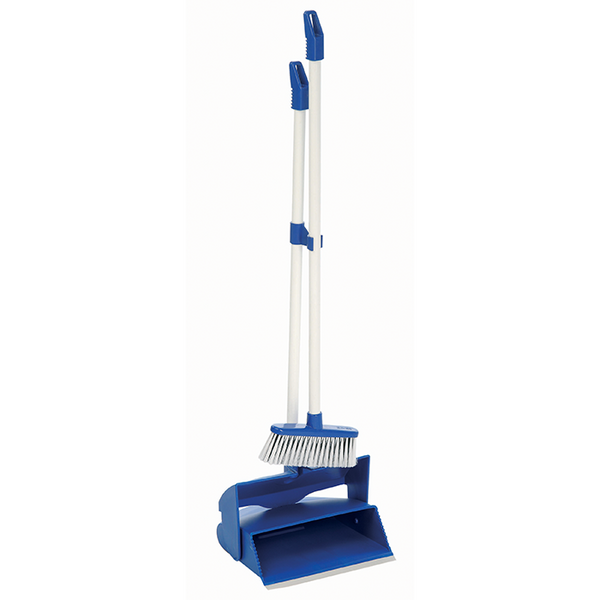 Upright tall brush and pan in blue with white handle