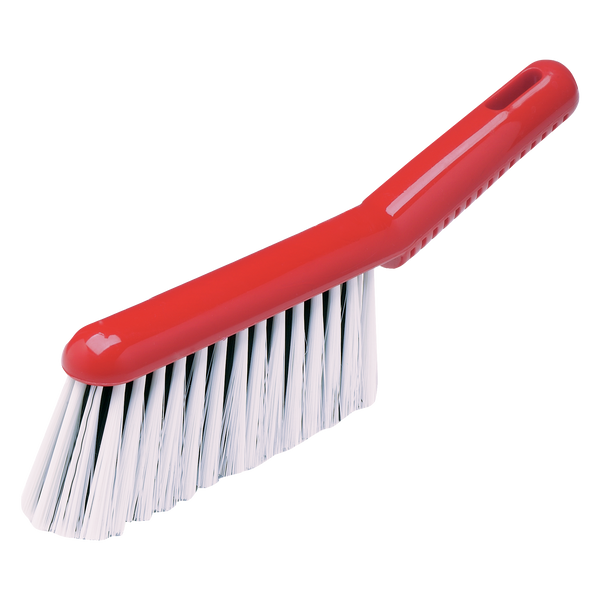 Small bannister brush with red handle and white bristles