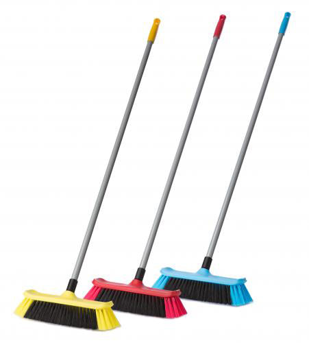 Three house brooms in yellow, red and blue
