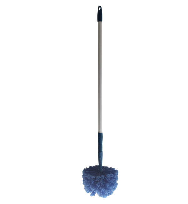 Cobweb broom with blue bristles and long white handle