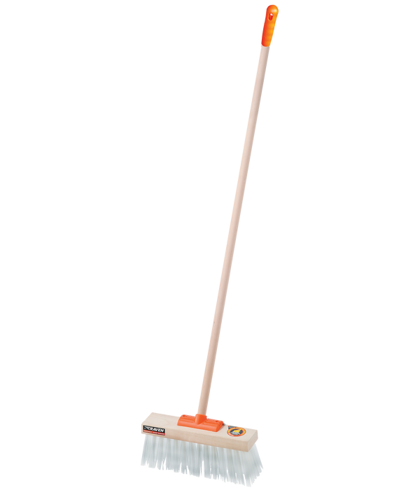 Wooden yard broom with white nylon bristles and orange plastic parts