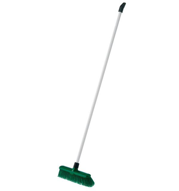 Outdoor broom with white long handle and dark green brush head