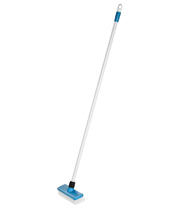 Deck scrubbing brush with long white steel handle and blue brush head