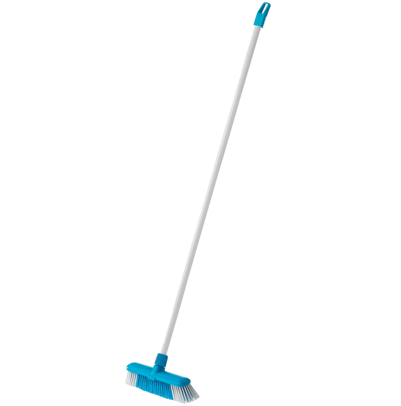 Indoor broom with white broom handle and blue broom head
