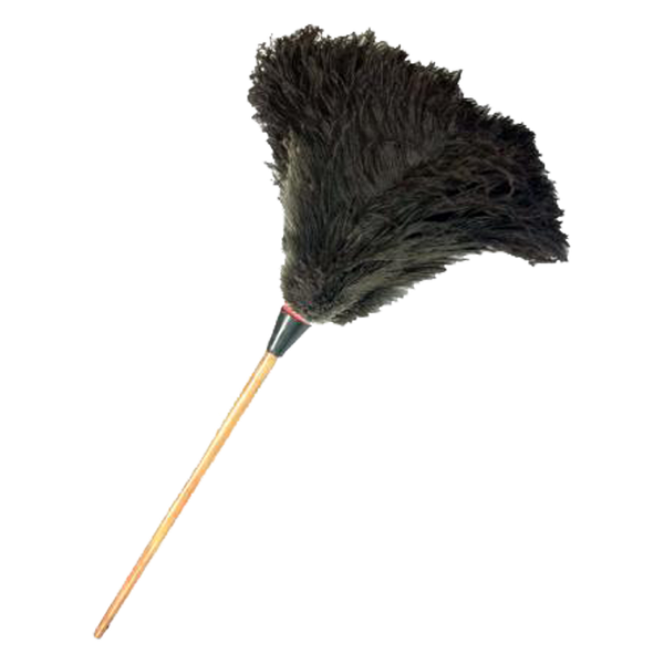 Black feather duster with short brown wooden handle
