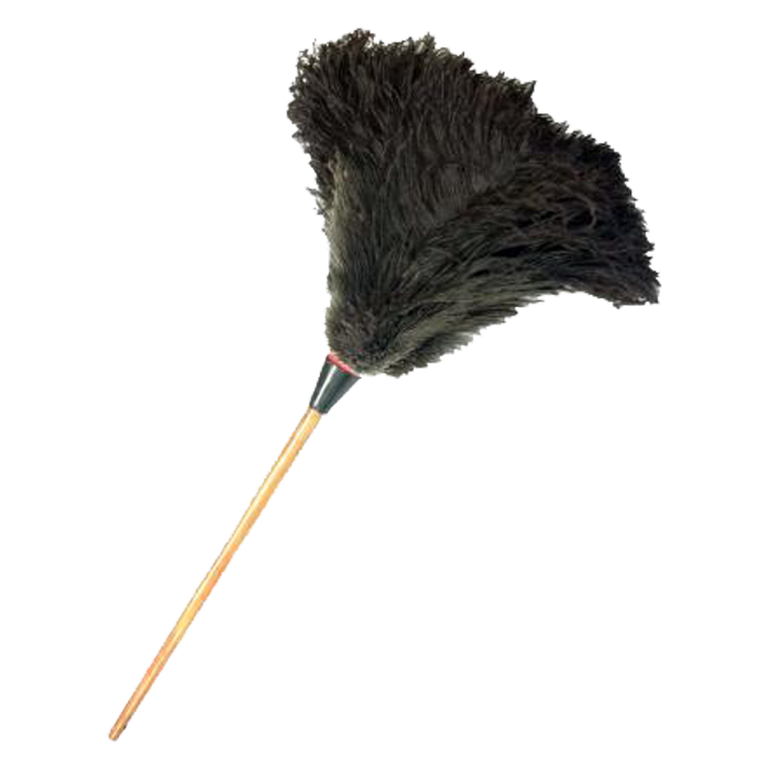 Black feather duster with short brown wooden handle