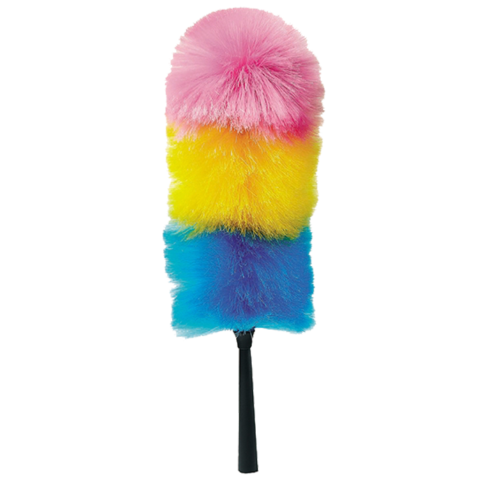 Synthetic duster in blue, yellow and pink with black handle