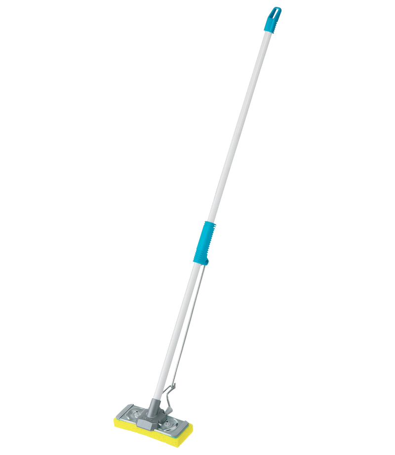 Sponge mop with long steel handle, blue parts and yellow head