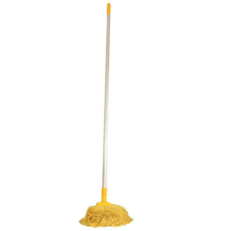 Mop with long silver handle and yellow head