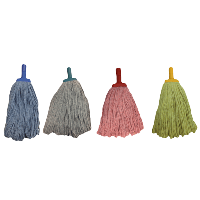 Mop heads in blue, green, red and yellow