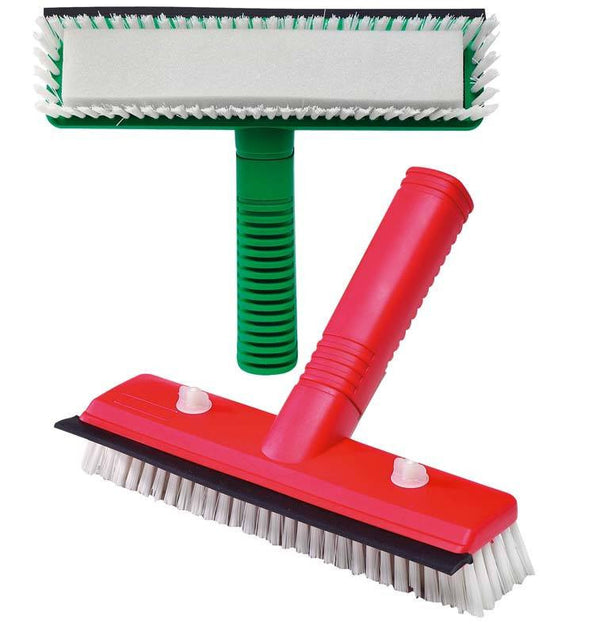 Window cleaning brush, sponge & squeegee blade set in red and green
