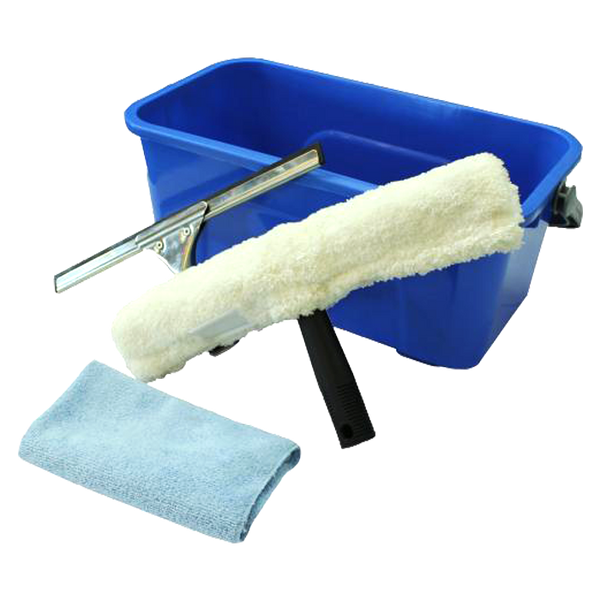 Window cleaning kit with white window squeege, window washing T bar, microfibre sleeve, blue window cloth and large blue bucket