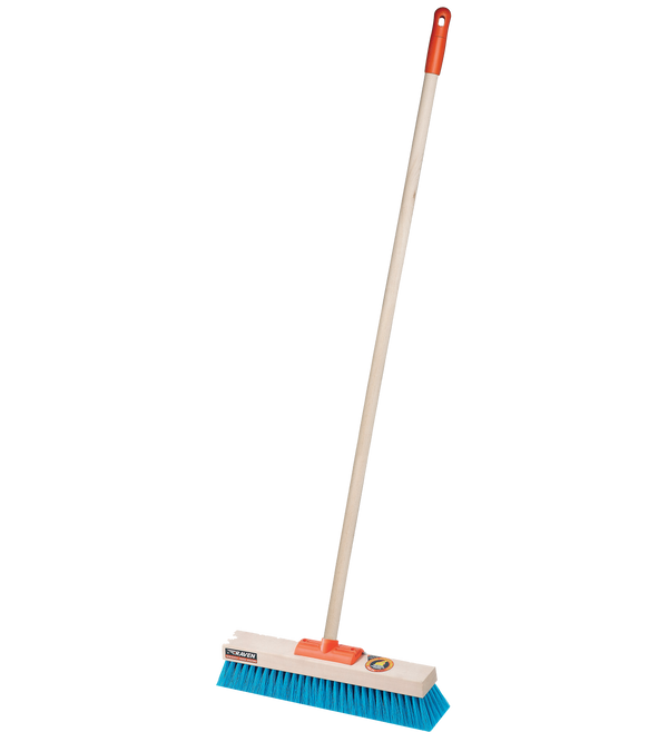 Wooden broom with blue bristles and red rubber parts