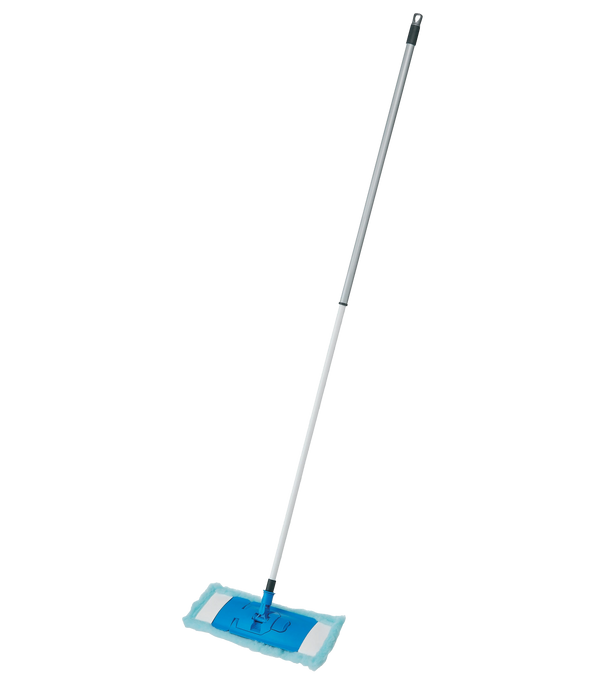 Mop with silver handle and blue microfibre flat mop head