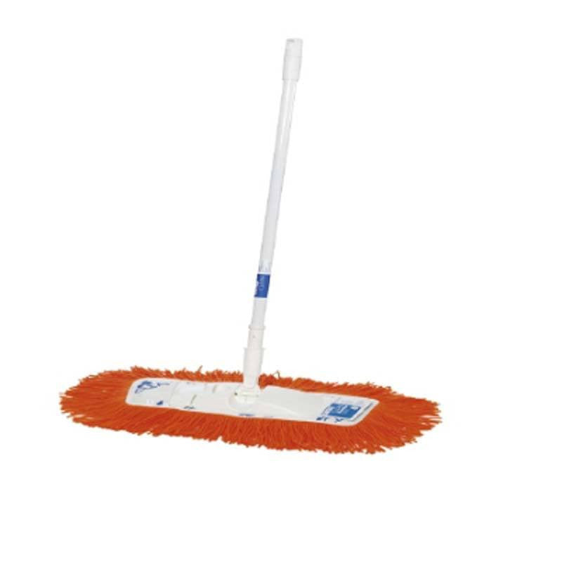 Dust mop with red mop head and white handle