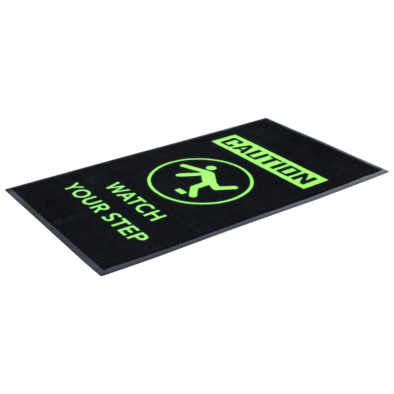 Fluro rubber mat with Caution Watch Your Stepsignage