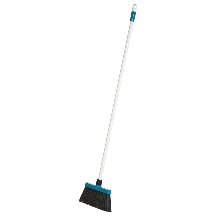 Patio sweeping brush with long white handle and black bristles